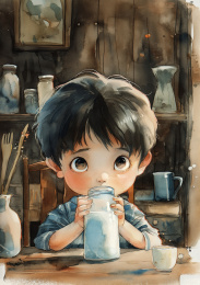 一个小男孩正在吃早餐喝牛奶