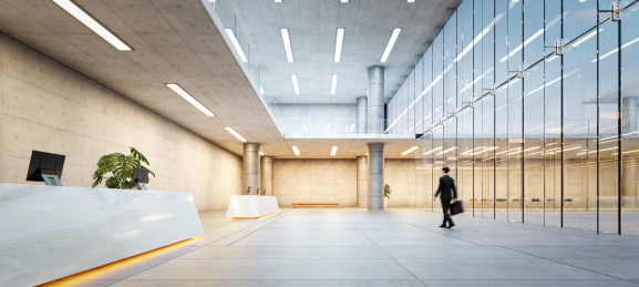 3D渲染现代企业接待处大厅与行走的商人