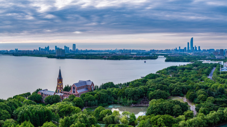 中国江苏苏州工业园区傍晚航拍
