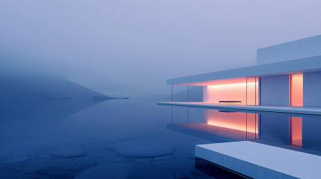 湖中宁静的别墅建筑背景