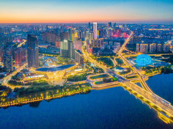 夏季辽宁沈阳青年大街五里河浑河桥航拍夜景