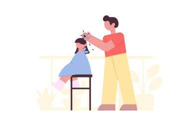 紫红色扁平风父亲节父女剪头发人物主题元素