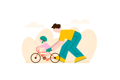 黄绿色扁平风父亲节父子骑自行车人物主题元