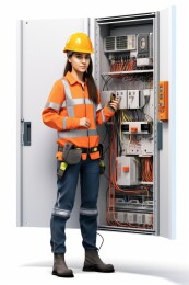 女电工检查配电盘