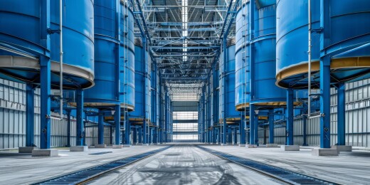 大型工厂里的蓝色工业筒仓