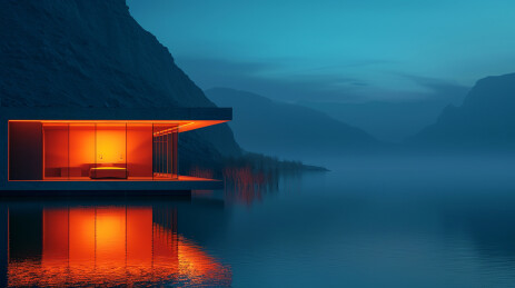 湖中宁静的别墅建筑背景