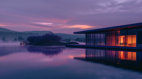 湖中宁静的别墅建筑背景