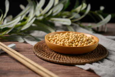 桌面上的盘子里的干爽的黄豆