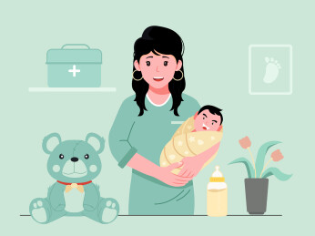 一个女生抱着娃娃矢量扁平插画