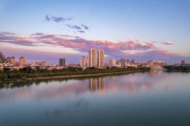 天津天塔湖水上公园景区城市日落晚霞风光