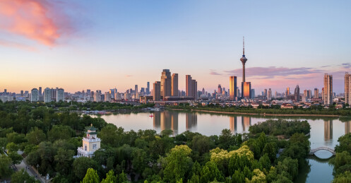 天津天塔湖水上公园景区城市日落晚霞风光