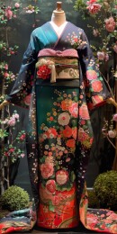 一件带花卉图案的和服和一条粉色的腰带