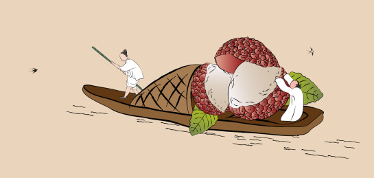 国潮古人船运输荔枝微景矢量中国风插画素材