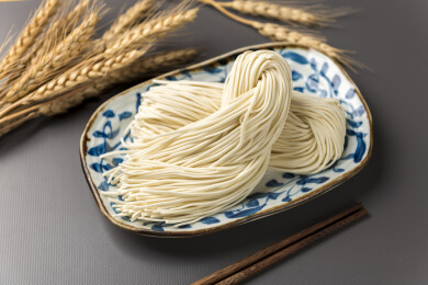 一盘生面条摆放在桌面上特写