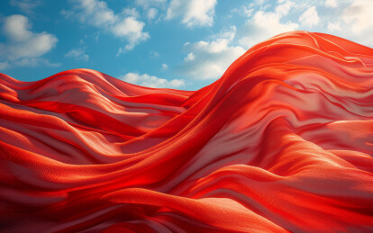 蓝天下舞动的红色丝绸