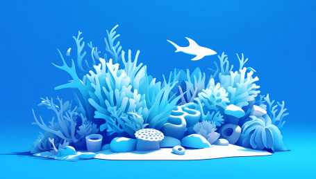 蓝色海水珊瑚海草产品展台三维插画