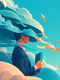 穿着西装的男性拿着书本云朵飘带3D插画