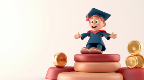 3d粘土穿学士服的毕业生坐在金币上
