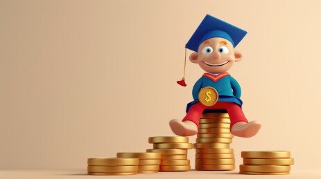 3d粘土穿学士服的毕业生坐在金币上