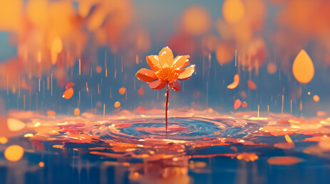 彩色秋天晴天水中央的一株红叶嫩枝插画绘画