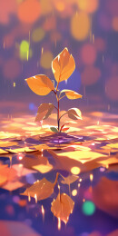 彩色秋天晴天水中央的一株红叶嫩枝插画绘画