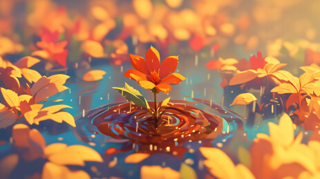 彩色秋天晴天水中央的一株红叶嫩枝插画绘画