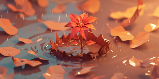 彩色秋天晴天水中央的一株红叶嫩枝插画绘画