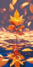 彩色秋天晴天水中央的一株红叶嫩枝插画绘画