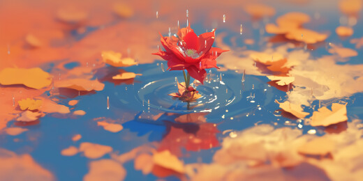 彩色秋天晴天水中央的一株红叶嫩枝插画绘画