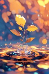 彩色秋天晴天水中央的一株红叶嫩枝插画绘画