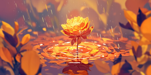 彩色秋天晴天水中央的一株红叶嫩枝插画绘画