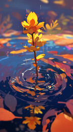 彩色秋天晴天水中央的一株红叶嫩枝插画绘画