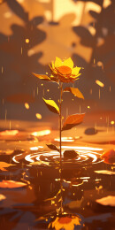 彩色秋天晴天水中央的一株红叶嫩枝插画绘画