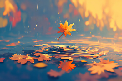 彩色秋天晴天水中央的一株红叶嫩枝插画绘画