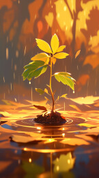 彩色秋天晴天水中央的一株红叶嫩枝插画绘画