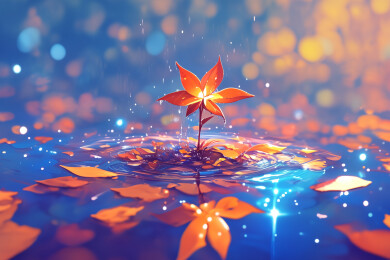 彩色秋天晴天水中央的一株红叶嫩枝插画绘画