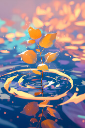 彩色秋天晴天水中央的一株红叶嫩枝插画绘画