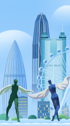 深圳大梅沙与科技金融大厦建筑群手绘插画