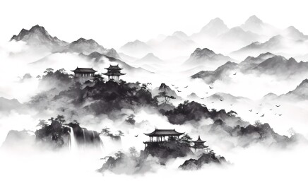 中国水墨画风格的山峰在云雾中若隐若现，展