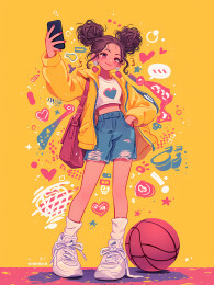 打篮球的女生，插画2.5D板绘风格