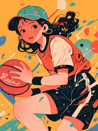 打篮球的女生，插画2.5D板绘风格