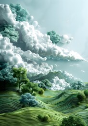 绿色的山丘和树木在蓝天下