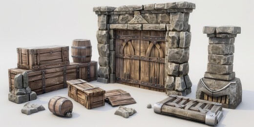 中世纪道具模型：木门、板条箱和酒桶