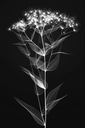 黑底黑背景一株花叶子发光线条透视X光插画
