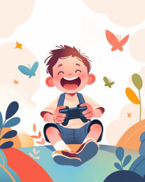 扁平插画风格男孩玩游戏机