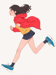 运动的女孩，白色背景，插画风格长发全身像