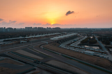 上海市嘉定区F1赛车场日出航拍风景