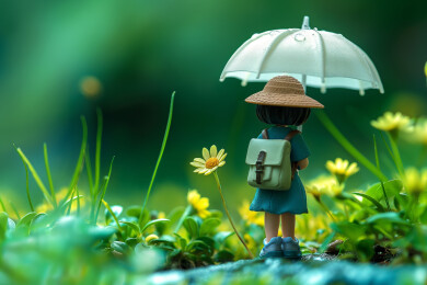 下雨天一个小女孩撑伞在户外踏青