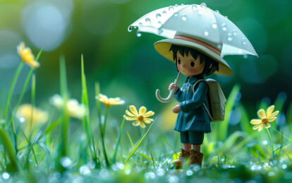 下雨天一个小女孩撑伞在户外踏青