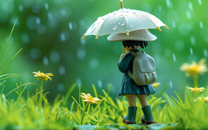 下雨天一个小女孩撑伞在户外踏青